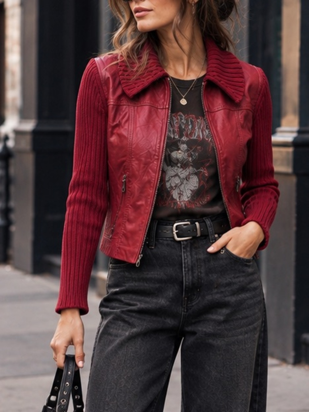Maurice Sasson Vintage Leather Moto Zip Front Jacket Rib Knit Sleeve Red Small